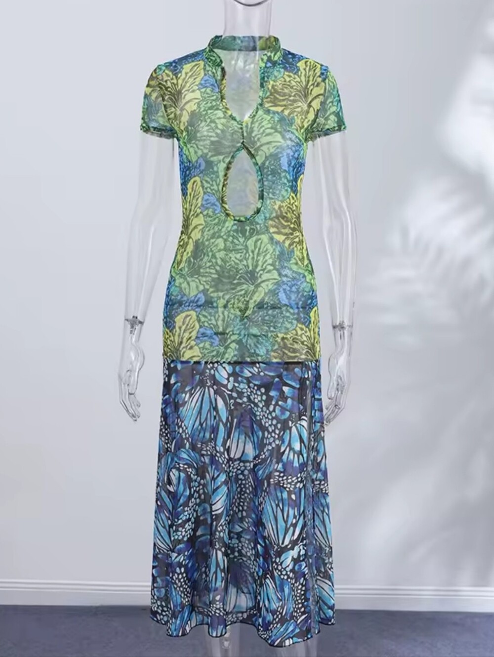Sexy Print Hollow Out Women's Dress Pleated Patchwork Hip Package Sleeveless Fem - Picture 6 of 6